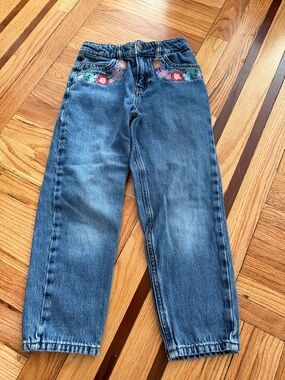 Mini Boden Girls' Blue Denim Jeans with Floral Embroidery size 7-8